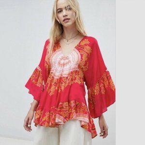 FREE PEOPLE Sunset Dreams Printed Red Tunic Top, XS